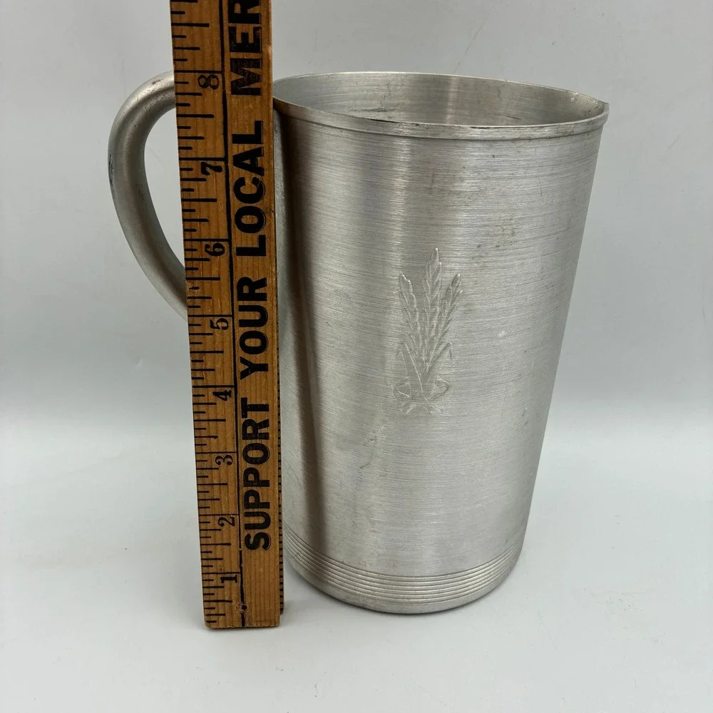 Vintage Aluminum Wheat Pitcher and 4 Tumbler Cup Set Silver Mid Century Modern